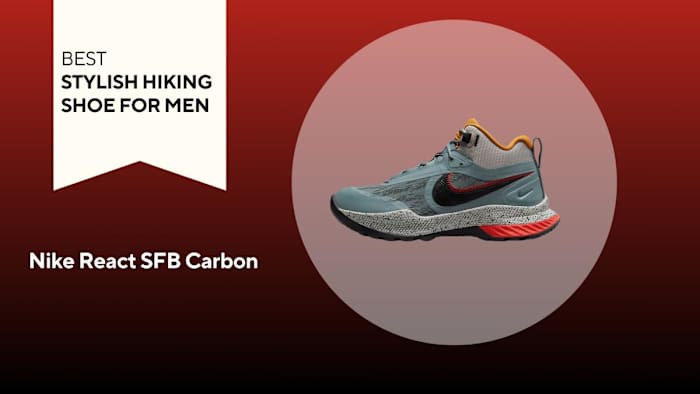 blue, grey, orange and yellow nike react SFB carbon hiking shoe on red background